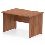 The picture shows a dynamic panel end desk with a scalloped-edge walnut top, measuring 1200 x 800mm. The panel end leg adds stability and style to the desk.