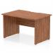 The picture shows a dynamic panel end desk with a scalloped-edge walnut top, measuring 1200 x 800mm. The panel end leg adds stability and style to the desk.