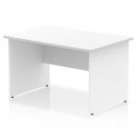 This image shows a modern and stylish Dynamic Panel End Desk featuring a scalloped edge white top and panel end leg. The desk measures 1200 x 800mm and has a straight design, making it perfect for any office space.