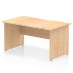 This photograph showcases a set of dynamic panel end desks with scalloped edges and a maple top. The straight design and panel end legs add a modern touch to any office space. With a size of 1400 x 800mm, it offers ample workspace for comfortable productivity.