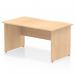 This photograph showcases a set of dynamic panel end desks with scalloped edges and a maple top. The straight design and panel end legs add a modern touch to any office space. With a size of 1400 x 800mm, it offers ample workspace for comfortable productivity.