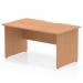 The dynamic panel end desk features a sleek and modern design, with a scalloped edge and straight oak top. The panel end leg adds stability and strength, making it a practical and stylish addition to any office space.