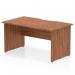 The image shows a stylish and modern Dynamic Panel End Desk with a Walnut top and scalloped edge. The size is 1400 x 800mm, and it sits on panel end legs. The straight design gives it a sleek and professional look for any office space.