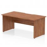 This photo shows a sleek and modern office desk with a walnut top and scalloped edge design. The panel end legs add stability and style to the desk. It measures 1600 x 800mm and is perfect for a dynamic and efficient workspace.