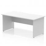 The photo shows a sleek white office desk with a scalloped edge and panel end legs. The desk is 1600 x 800mm in size and has a dynamic and modern design. Its streamlined appearance is perfect for any office space.