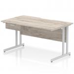 Impulse 1400 x 800mm Scalloped Edge Straight Office Desk Grey Oak Top Silver Cantilever Leg Workstation 1 x 1 Drawer Fixed Pedestal I006003