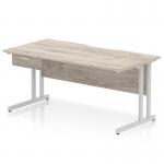 Impulse 1600 x 800mm Scalloped Edge Straight Office Desk Grey Oak Top Silver Cantilever Leg Workstation 1 x 1 Drawer Fixed Pedestal I006021