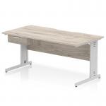 Impulse 1600 x 800mm Scalloped Edge Straight Office Desk Grey Oak Top Silver Cable Managed Leg Workstation 1 x 1 Drawer Fixed Pedestal I006075