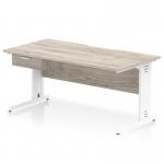 Impulse 1600 x 800mm Scalloped Edge Straight Office Desk Grey Oak Top White Cable Managed Leg Workstation 1 x 1 Drawer Fixed Pedestal I006076