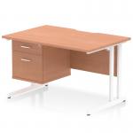 This photo shows a dynamic pedestal desk with a beech top and white cantilever legs. The scalloped edge adds an elegant touch to the straight design. There is a 2 drawer fixed pedestal attached for added storage space. The desk measures 1200 x 800mm.
