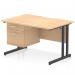 The photograph shows a dynamic pedestal desk in the Impulse series, measuring 1200 x 800mm. The desk has a scalloped edge and features a straight office desk with a maple top and black cantilever leg. There is also a fixed pedestal with 2 drawers attached to the desk.