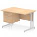 This picture shows a dynamic pedestal desk with a scalloped edge and a maple top, supported by a silver cantilever leg. It also includes a 2 drawer fixed pedestal for added storage. The desk measures 1200 x 800mm and is designed for use in a straight office workstation setup.