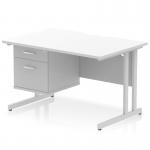 This image features a dynamic pedestal desk in impulse design, measuring 1200 x 800mm. The scalloped edge of the straight office desk adds a touch of modernity. The desk has a white top and silver cantilever leg, creating a sleek workstation. A 2 drawer fixed pedestal completes the set.