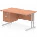The picture shows a dynamic pedestal desk with a beech top and silver cantilever legs. The desk measures 1400 x 800mm and features a scalloped edge design. It comes with a 2 drawer fixed pedestal for storage. Perfect for a modern and functional office space.