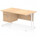 This dynamic pedestal desk features a modern design with a scalloped edge and a maple top. The white cantilever legs provide stability and support for your workspace. With a fixed pedestal and two drawers, this workstation offers ample storage for your office essentials.