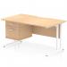 This dynamic pedestal desk features a modern design with a scalloped edge and a maple top. The white cantilever legs provide stability and support for your workspace. With a fixed pedestal and two drawers, this workstation offers ample storage for your office essentials.