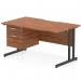 This picture depicts a sleek and modern Dynamic Pedestal Desk Impulse, measuring 1400 x 800mm and featuring a scalloped edge straight office desk with a walnut top. It is supported by black cantilever legs and includes a 2 drawer fixed pedestal for added storage space.