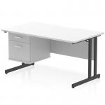 This photograph features a dynamic pedestal desk with a scalloped edge straight office desk design. The desk is white with a black cantilever leg and measures 1400 x 800mm. It also includes a 2 drawer fixed pedestal for storage.