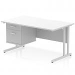 This picture features a sleek and modern Dynamic Pedestal Desk Impulse with a scalloped edge, measuring 1400 x 800mm. The white tabletop is paired with a silver cantilever leg, creating a stylish and functional workstation. Additionally, the desk comes equipped with a 2 drawer fixed pedestal for added storage and organization.