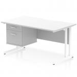 This image shows a sleek, modern office desk with a white top and cantilever leg. The scalloped edge adds a unique touch, while the 2 drawer fixed pedestal provides convenient storage. This workstation has a dynamic and professional look, perfect for any office setting.