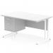 This image shows a sleek, modern office desk with a white top and cantilever leg. The scalloped edge adds a unique touch, while the 2 drawer fixed pedestal provides convenient storage. This workstation has a dynamic and professional look, perfect for any office setting.