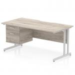 Impulse 1600 x 800mm Scalloped Edge Straight Office Desk Grey Oak Top Silver Cantilever Leg Workstation 1 x 2 Drawer Fixed Pedestal I006147