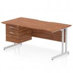 This sleek and modern office desk features a scalloped edge walnut top with a silver cantilever leg. The 1600 x 800mm size is perfect for any workspace and the 2 drawer fixed pedestal offers ample storage. The dynamic design of this desk adds a touch of sophistication to any office setting.