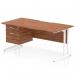 The Dynamic Pedestal Desk Impulse features a spacious 1600 x 800mm walnut top with a scalloped edge for a sleek design. White cantilever legs provide sturdy support and the desk comes with a 2 drawer fixed pedestal for convenient storage.