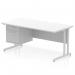 This photograph shows a modern and sleek Dynamic Pedestal Desk in the Impulse style. The desk measures 1600 x 800mm and has a scalloped edge on the straight white top. It is supported by a silver cantilever leg and includes a 2 drawer fixed pedestal for storage.