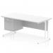 The Dynamic Pedestal Desk Impulse features a sleek 1600 x 800mm white top with a scalloped edge. Its white cantilever leg adds a modern touch, while the 1 x 2 drawer fixed pedestal provides convenient storage. This workstation is perfect for any office space.