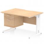 The photo shows a sleek and modern dynamic pedestal desk with a scalloped edge in maple top. The straight office desk has a white cable managed leg workstation and a fixed pedestal with 2 drawers.