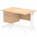 The photo shows a sleek and modern dynamic pedestal desk with a scalloped edge in maple top. The straight office desk has a white cable managed leg workstation and a fixed pedestal with 2 drawers.