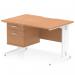 The image shows a modern and versatile office workstation with a scalloped edge oak top, white cable managed leg, and a fixed pedestal with two drawers. Its dynamic design makes it a perfect addition to any office space.