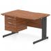 This photo features a dynamic pedestal desk with a scalloped edge and a walnut top. The black cable managed leg adds a sleek touch to the straight office desk. Additionally, there is a 2 drawer fixed pedestal included for storage.