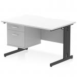 The Dynamic Pedestal Desk Impulse features a sleek white top with a scalloped edge, along with a black cable managed leg and a fixed 2 drawer pedestal. This 1200 x 800mm workstation is perfect for any modern office.