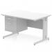 The Dynamic Pedestal Desk is a sleek and modern workstation that features a scalloped edge for a unique touch. Its white top and silver legs create a clean and professional look. The desk also comes with a cable management system and a fixed pedestal with two drawers for storage. Perfect for any office setting.