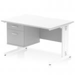 This photo shows a sleek and modern 1200 x 800mm Dynamic Pedestal Desk with a scalloped edge and a white top. The white cable managed leg adds functionality while the 2 drawer fixed pedestal provides convenient storage. A great addition to any office workspace.