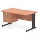 This picture features a dynamic pedestal desk with a beech top and black cable managed leg workstation. The scalloped edge and straight design add a sleek touch while the 2-drawer fixed pedestal provides convenient storage. Perfect for any office space.