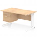 A sleek and modern Dynamic Pedestal Desk Impulse with a Maple top and White cable managed leg. The 1400 x 800mm desk features a scalloped edge for added style, and includes a fixed pedestal with 2 drawers for storage. Perfect for a straight office workstation.