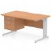 This photograph showcases a sleek and stylish Dynamic Pedestal Desk Impulse. It features a scalloped edge straight office desk with an oak top and silver cable managed leg workstation. Included is a 2 drawer fixed pedestal for added storage.