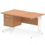 This desk features a sleek oak top with scalloped edges and a white cable managed leg. It measures 1400 x 800mm and has a fixed pedestal with 2 drawers. Perfect for any office, this workstation exudes a dynamic and modern feel.