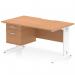 This desk features a sleek oak top with scalloped edges and a white cable managed leg. It measures 1400 x 800mm and has a fixed pedestal with 2 drawers. Perfect for any office, this workstation exudes a dynamic and modern feel.