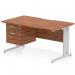 This photo features a 1400 x 800mm Dynamic Pedestal Desk with a scalloped edge and a walnut top. It has a silver cable managed leg and comes with a fixed pedestal that has 2 drawers. This sleek workstation is perfect for any office setting.