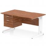 The dynamic pedestal desk features a scalloped edge and white cable managed legs, with a stylish walnut top. It measures 1400 x 800mm and has a fixed pedestal with 2 drawers. This workstation is perfect for any office space.
