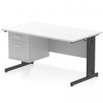 This picture shows a sleek and modern Dynamic Pedestal Desk in white, measuring 1400 x 800mm with a scalloped edge and straight design. The desk features a black cable managed leg and comes with a fixed 2 drawer pedestal for storage.