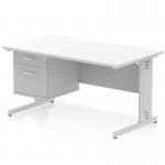 This sleek and modern Dynamic Pedestal Desk features a scalloped edge white top and silver cable managed leg. The dimensions of 1400 x 800mm provide ample workspace, while the fixed pedestal with 2 drawers offers convenient storage.