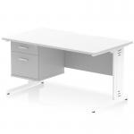 This photo captures a clean and modern office space featuring a striking Dynamic Pedestal Desk, measuring 1400 x 800mm. The desk is accented with a scalloped edge and has a sleek white top. Its white cable managed leg adds functionality to this stylish workstation. The desk also includes a convenient 2-drawer fixed pedestal for added storage.