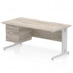 Impulse 1600 x 800mm Scalloped Edge Straight Office Desk Grey Oak Top Silver Cable Managed Leg Workstation 1 x 2 Drawer Fixed Pedestal I006201