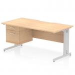 This photograph shows a modern and stylish Dynamic Pedestal Desk from Impulse, measuring 1600 x 800mm. The desk features a scalloped edge and a maple top, with a silver cable managed leg for a tidy workspace. A fixed pedestal with 2 drawers adds extra storage.