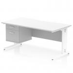 This image shows a modern, sleek white desk measuring 1600 x 800mm with a scalloped edge and straight design. The desk features a cable managed leg and comes with a fixed pedestal including 2 drawers. Perfect for any office or workspace for a clean and professional look.